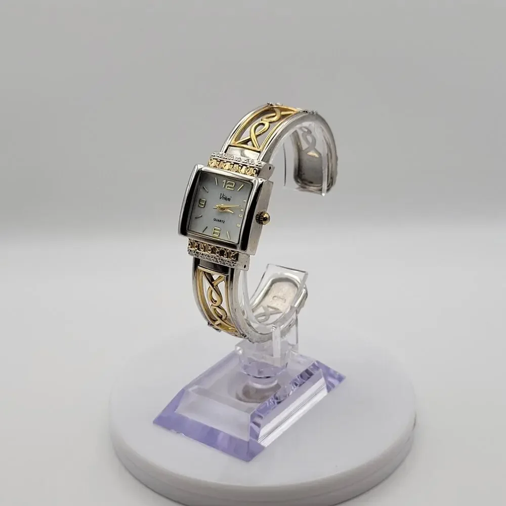 Vivani Women's Bangle Watch Two Tone Silver Gold Celtic Filigree Square Dial